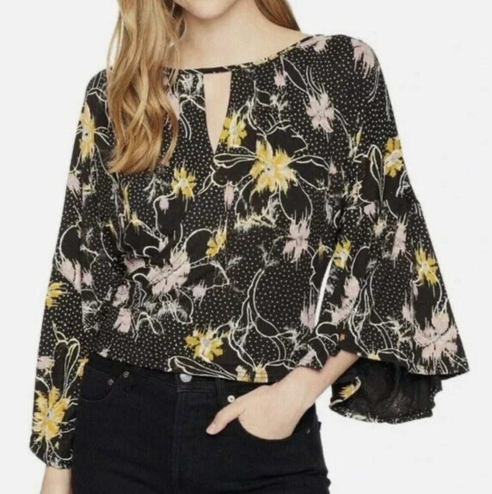 Free People Size M Last Time Floral Draped Blouse Boho Goth Whimsigoth Festival